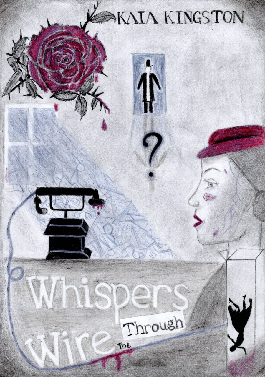 Hand drawn cover of Whispers Through the Wire, showing a woman in a red hat, an antique telephone, and a bleeding rose in pencil and red